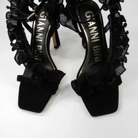 Gianni Bini Franz Sandals High Heels Size 6 Black Suede Chiffon Ruffle NEW - Picture 7 of 15